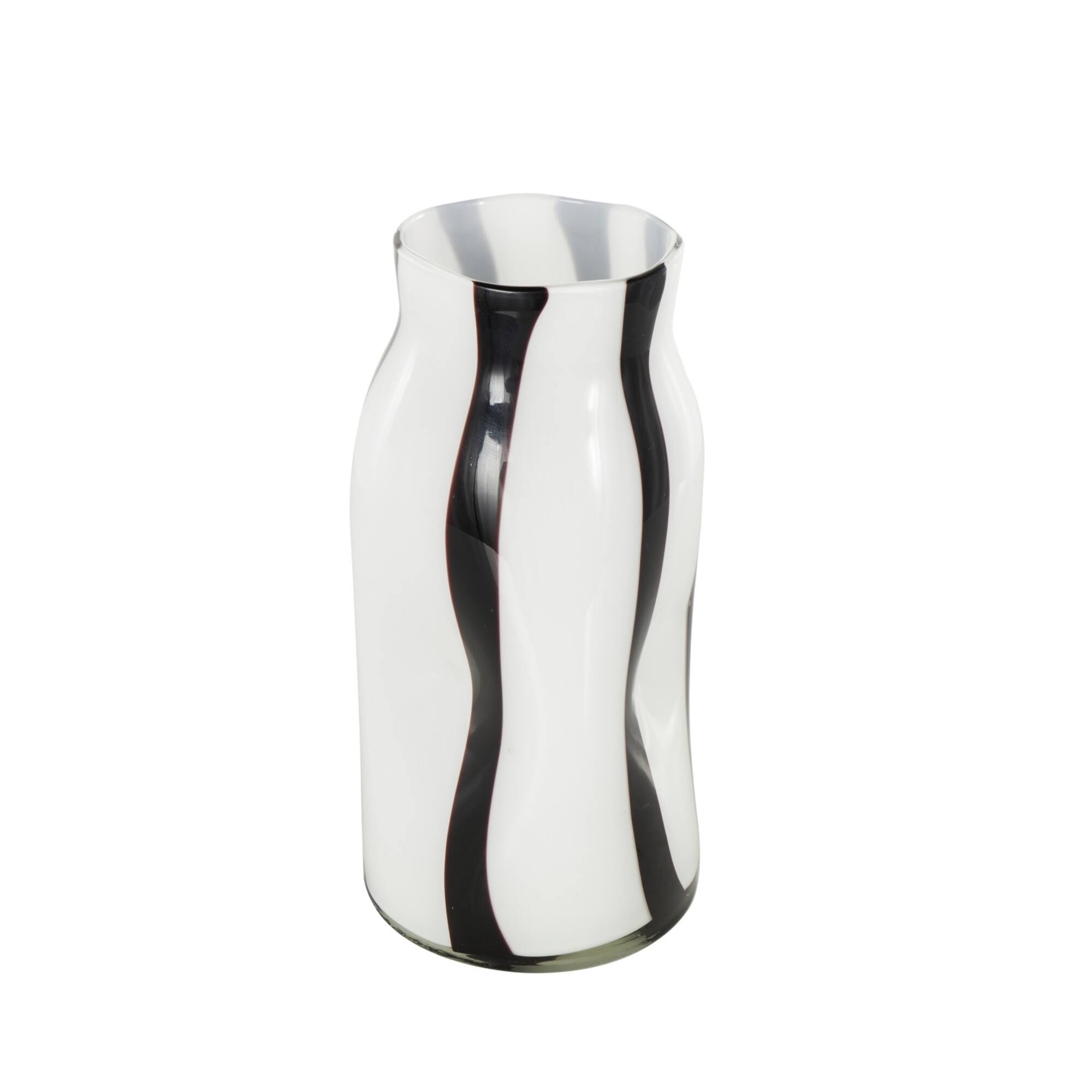 12" White & Black Stripes Round Concaved Glass Vase
